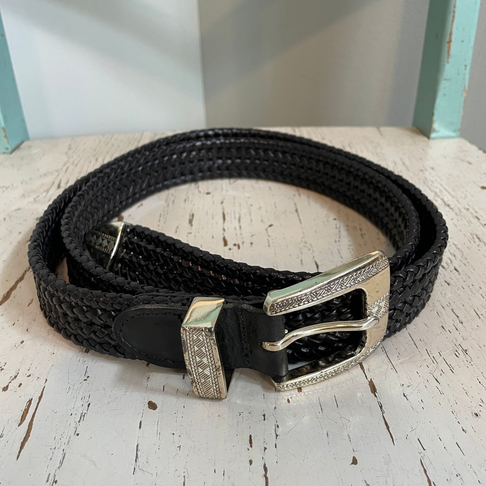 Brighton Mens Black Braided Leather Western Belt Sz 44 Silver Engraved Hardware